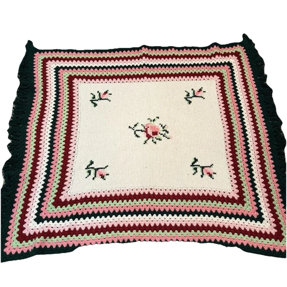 Vintage Handmade Crochet Afghan Blanket Floral Pink Green Fringe Throw‎ 45x52